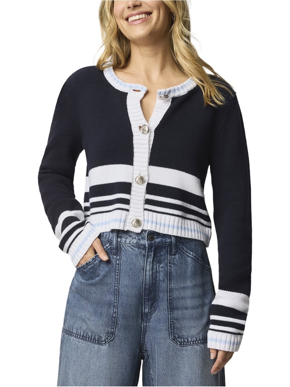 NWT Splendid Navy Striped Cropped Button Front Cardigan Size L